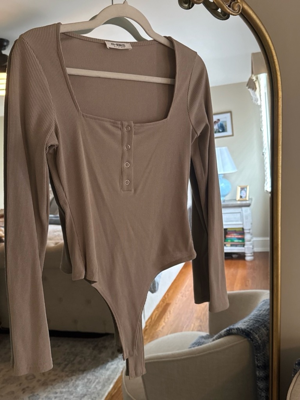 Ribbed Long-Sleeve Square Neck Bodysuit in Taupe